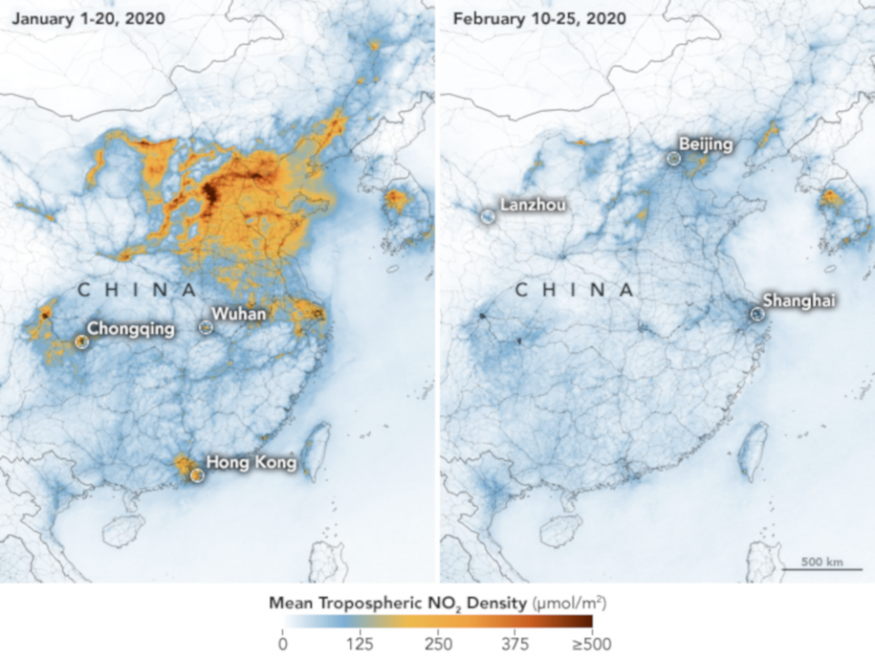 coronavírus e a diminuição de poluentes na China