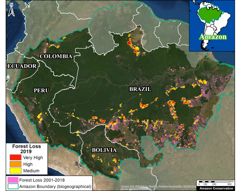 Principais pontos de degradação florestal na Amazônia em 2019. (Foto: MAAP com dados de UMD GLAD, Hansen UMD Google USGS NASA e MAAP)