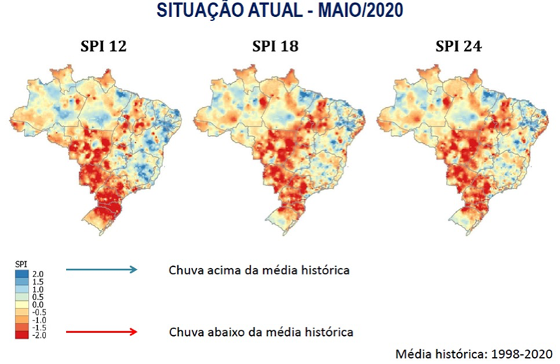 SPI, ou Índice de Precipitação Padronizada, é o índice utilizado para monitoramento das condições de chuva