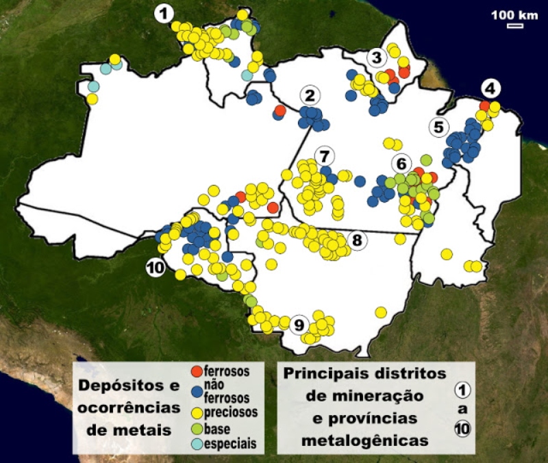 Depósitos e ocorrências metálicas e principais distritos de mineração e províncias metalogênicas em 2017 (Fonte: CPRM2018)