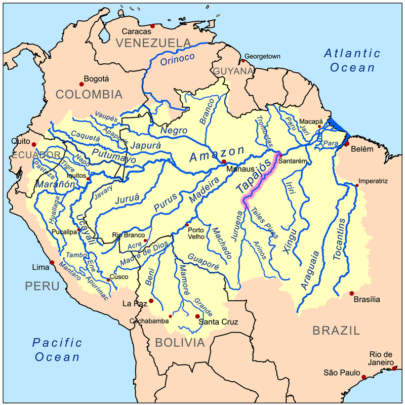 Bacia Amazônica com a localização do rio Tapajós | Mapa: Wikipédia
