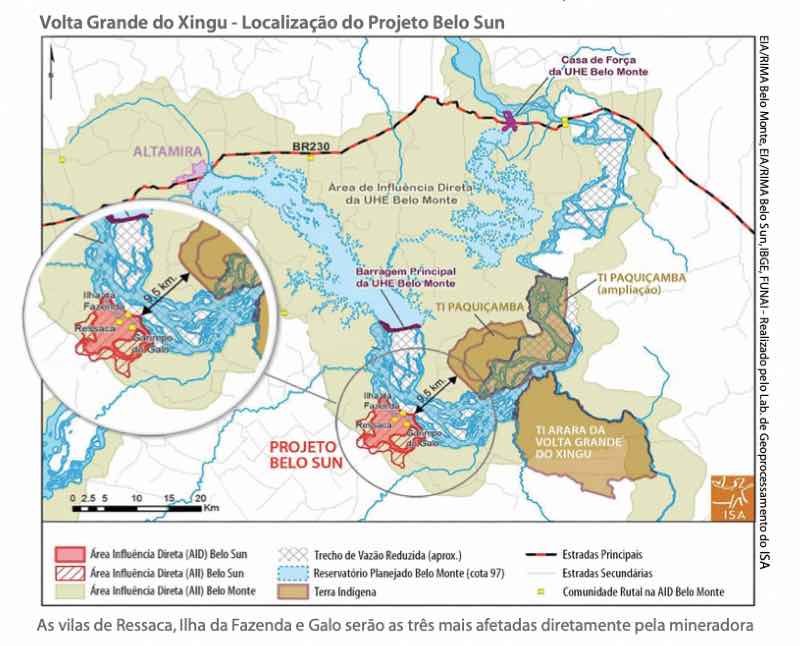 mapa da Volta Grande do Xingu e localização do Projeto Belo Sun. Imagem: Xingu Vivo e ISA