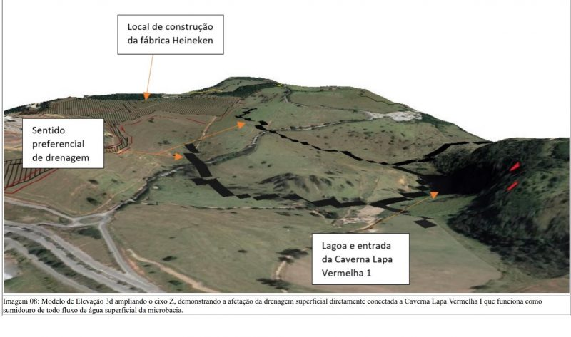 Imagem na Nota Técnica do ICMBio mostra a proximidade do local pretendido para a construção da fábrica de cerveja e a entrada da caverna e do conjunto arqueológico Lapa Vermelha (Reprodução/ICMBio)